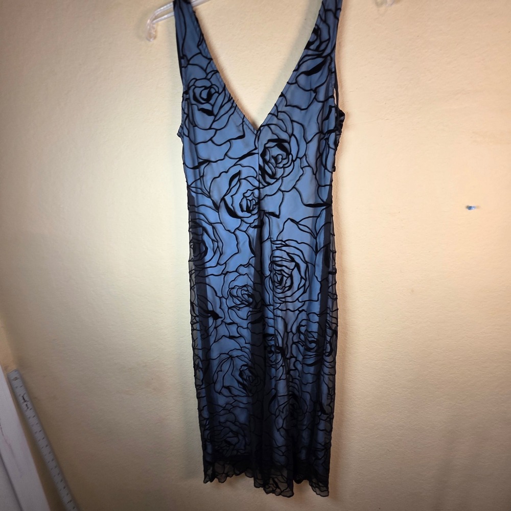 vintage Blue Black Velvet Rose Flocked Mesh Midi Dress V-Neck 90s Y2K M Ruby Rox